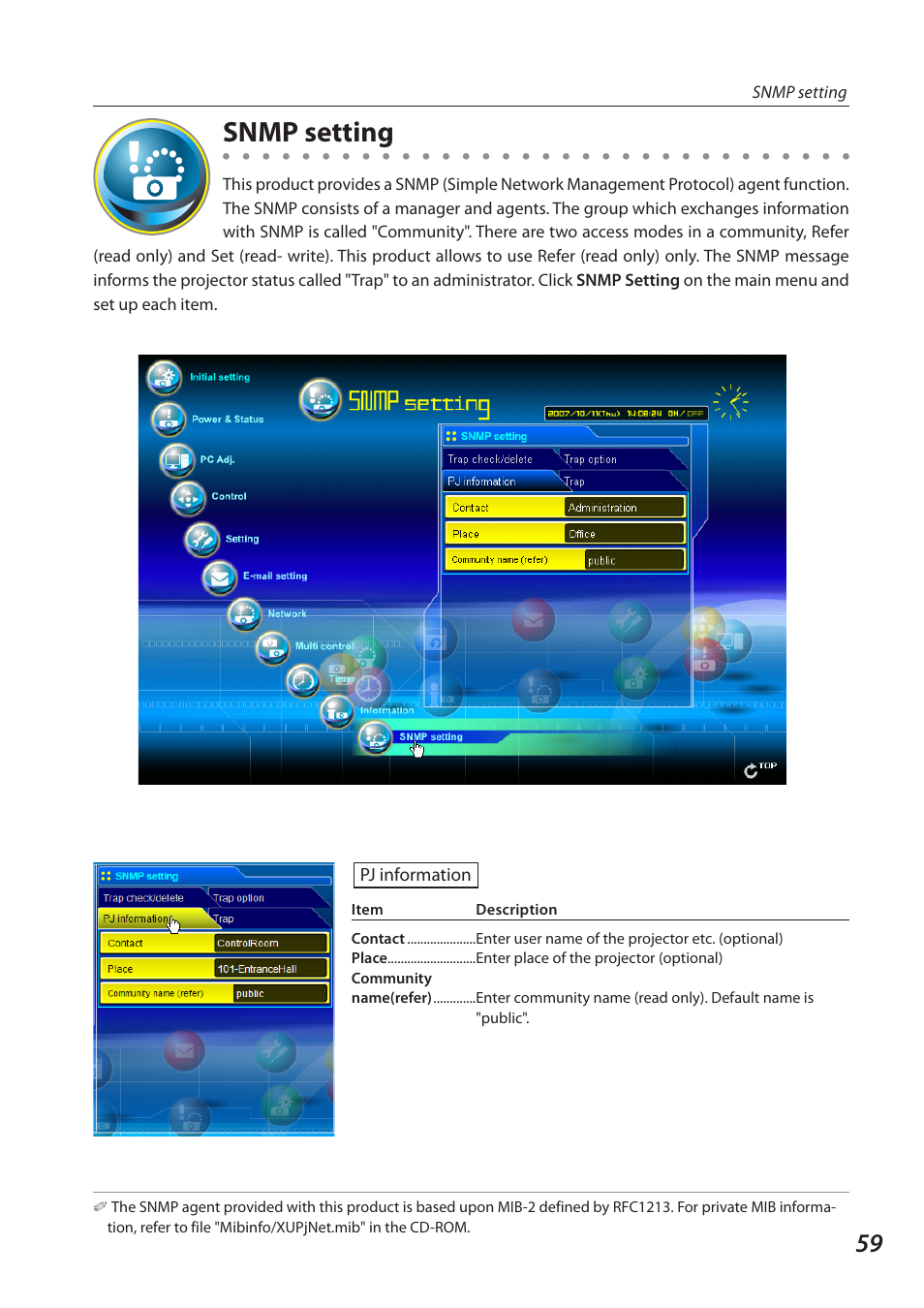 Snmp setting | Eiki QXXAVC922---P User Manual | Page 59 / 144