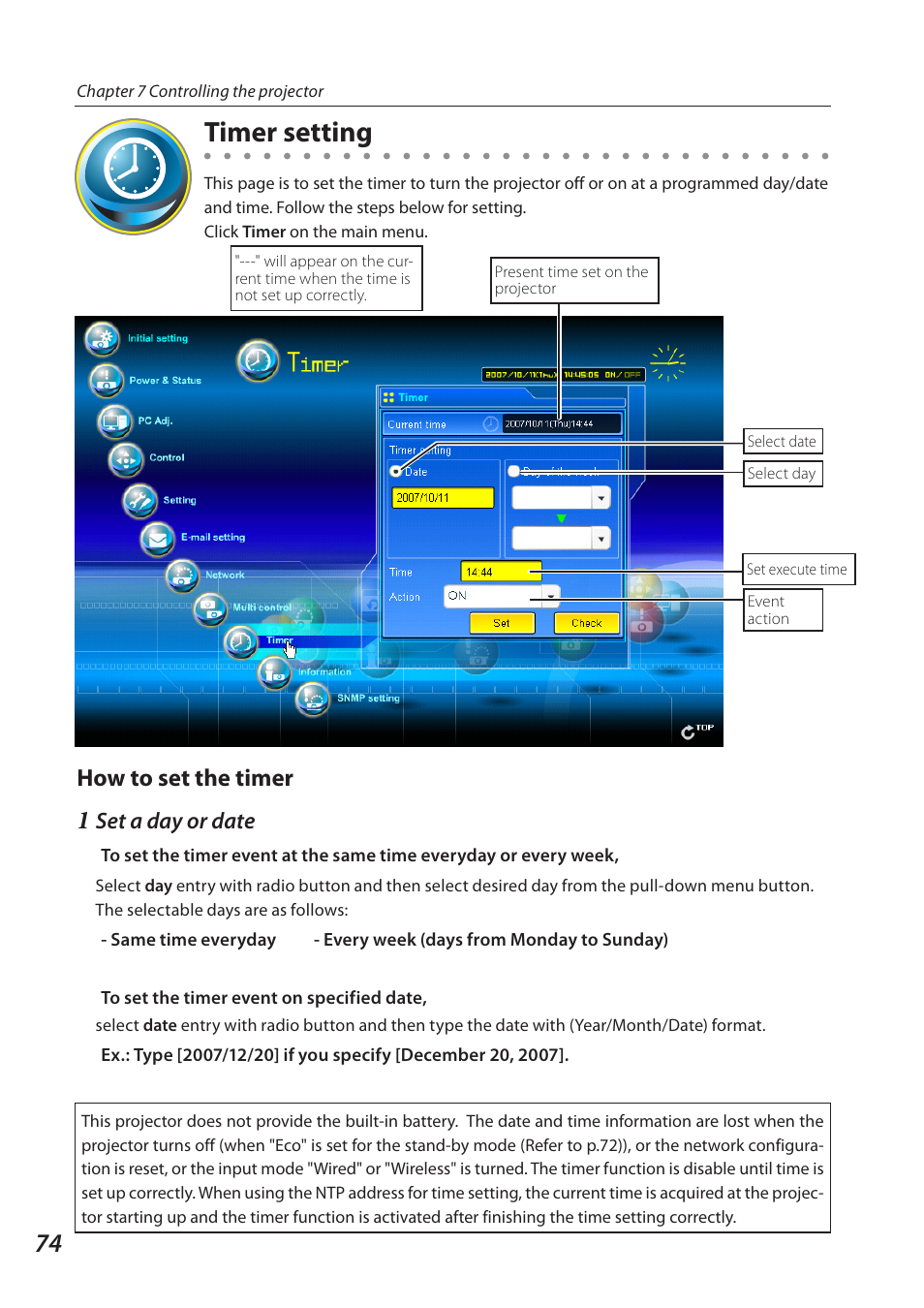 Timer setting, How to set the timer, Set a day or date | Eiki QXXAVC922---P User Manual | Page 74 / 144
