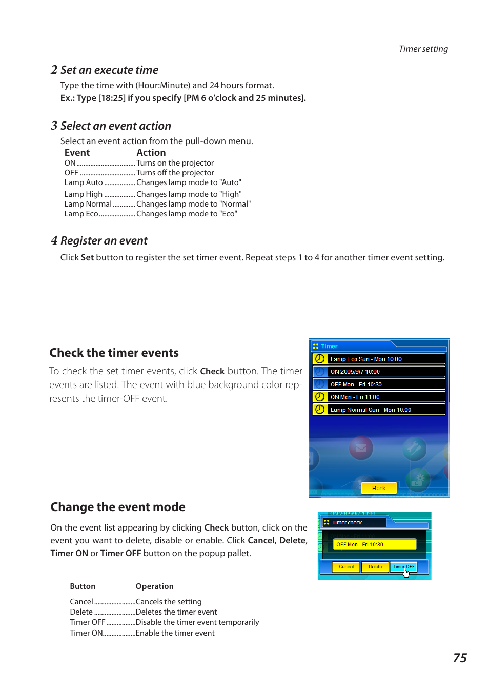 Change the event mode, Check the timer events | Eiki QXXAVC922---P User Manual | Page 75 / 144