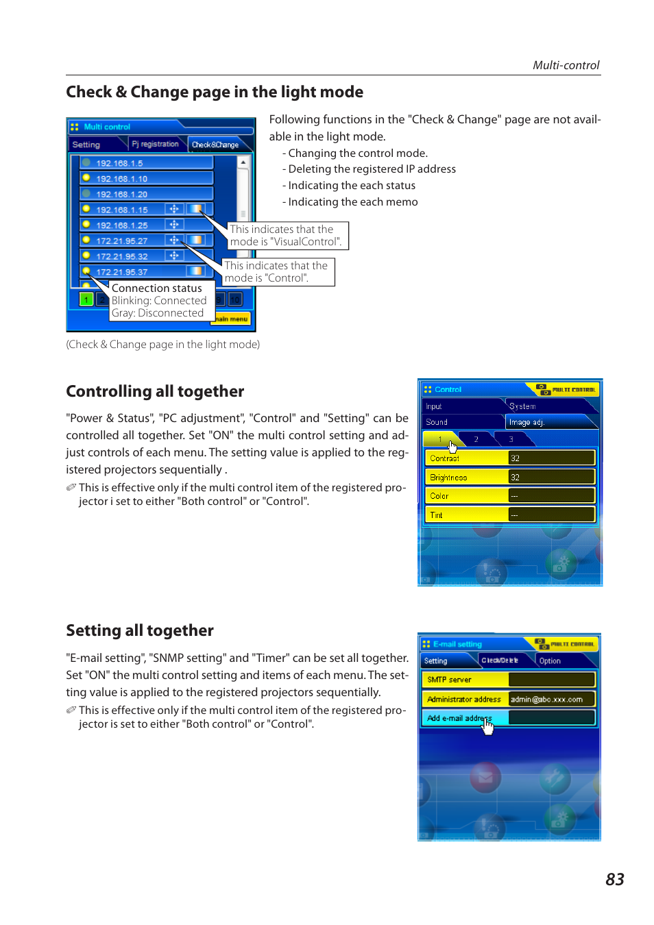 Check & change page in the light mode, Controlling all together, Setting all together | Eiki QXXAVC922---P User Manual | Page 83 / 144