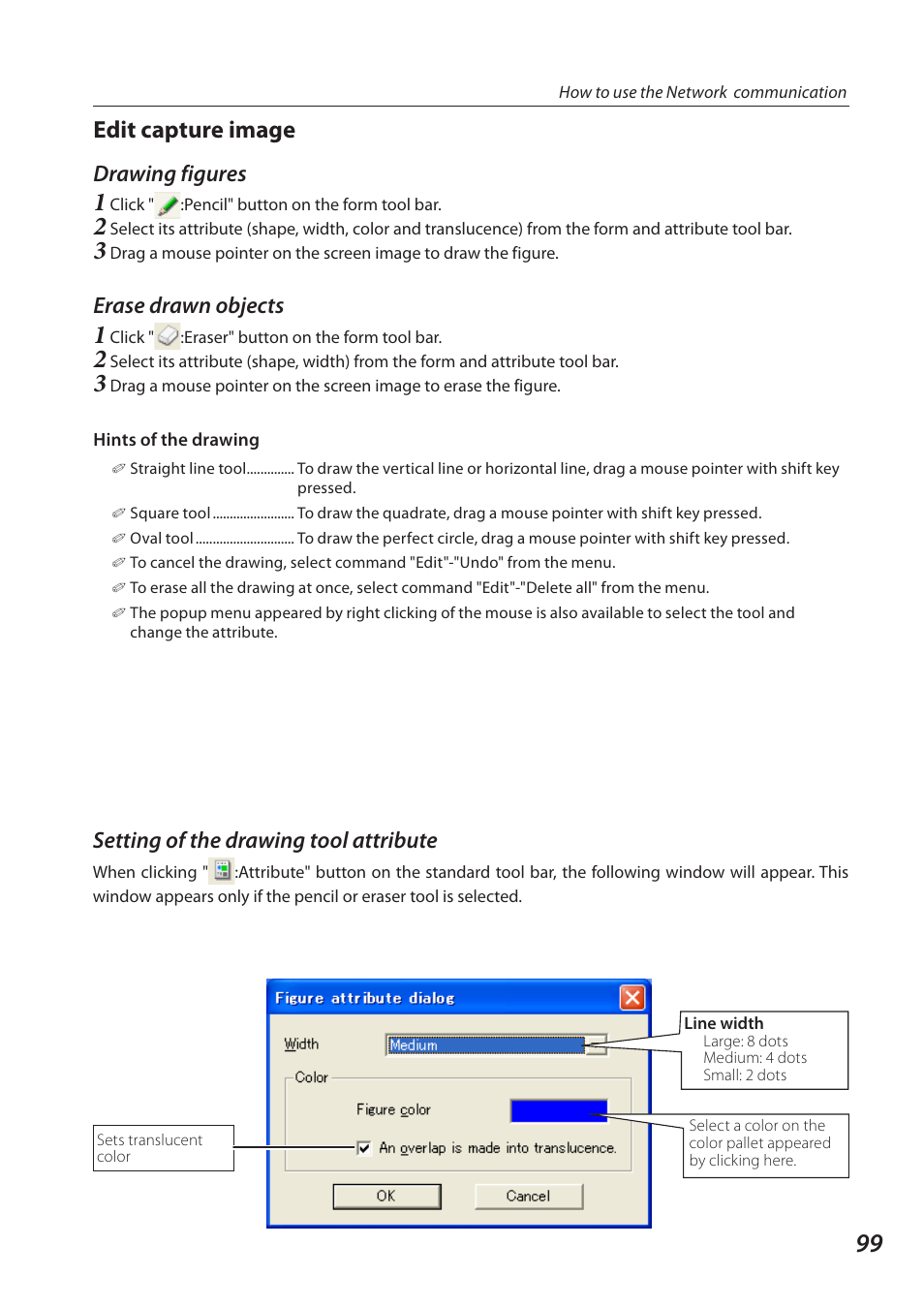 Edit capture image, Setting of the drawing tool attribute, Drawing figures | Erase drawn objects | Eiki QXXAVC922---P User Manual | Page 99 / 144