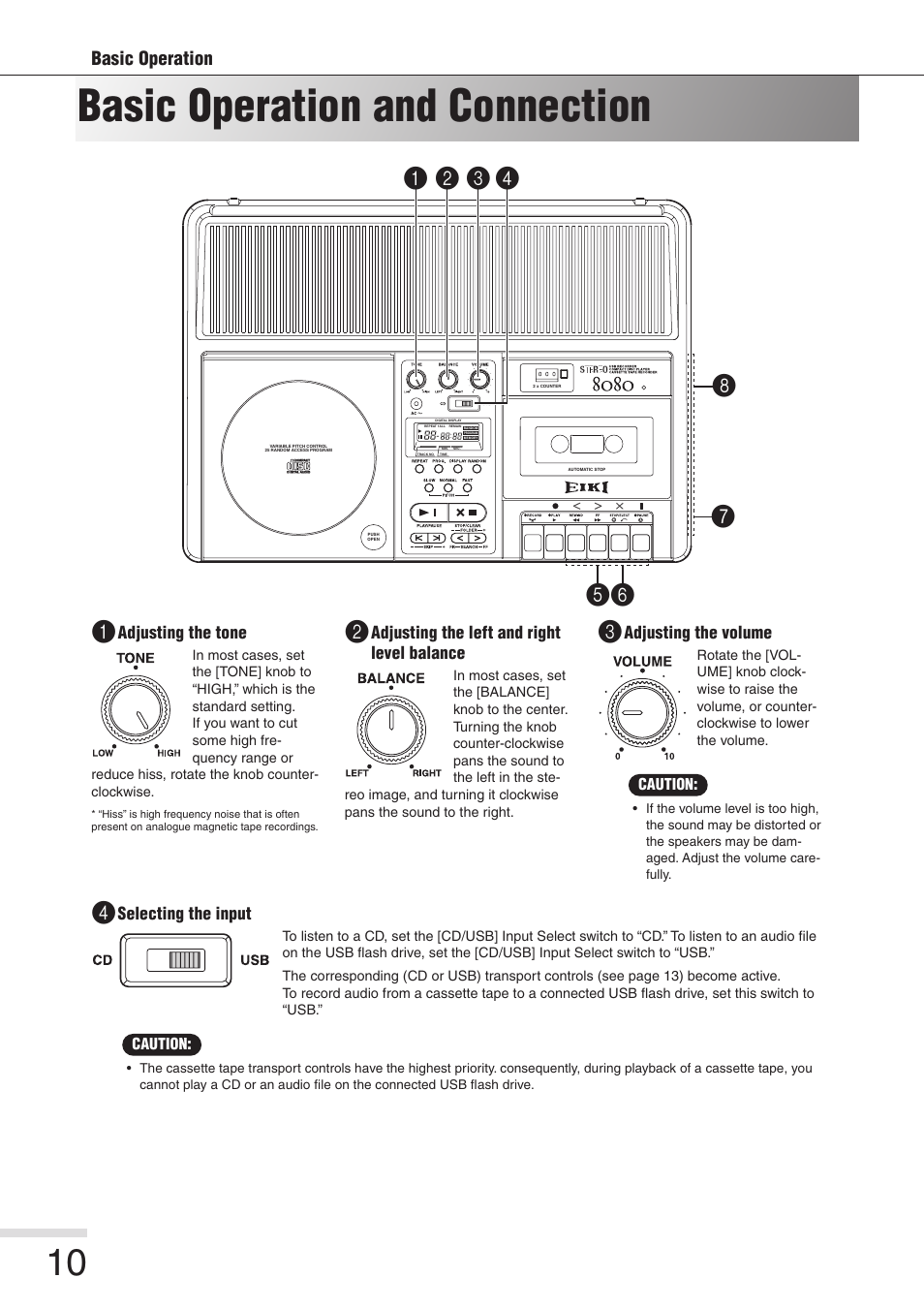 Basic operation and connection, Adjusting the tone, Adjusting the left and right level balance | Adjusting the volume, Selecting the input, One] knob [10, Balance] knob [10, Olume] knob [10, Witch [10 | Eiki 8080 User Manual | Page 10 / 32