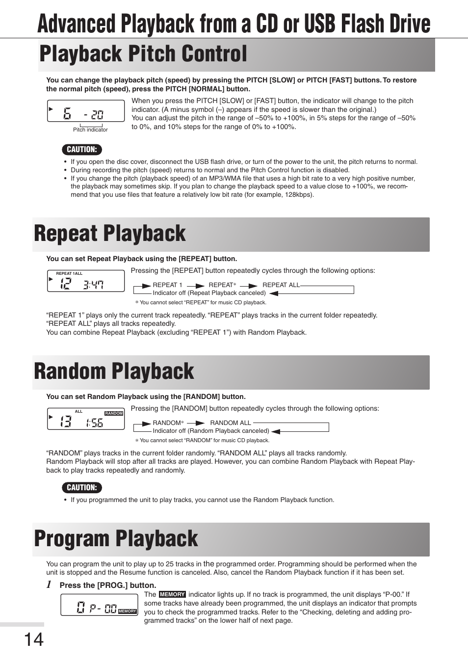Advanced playback from a cd or usb flash drive, Playback pitch control, Repeat playback | Random playback, Program playback, Utton [14, Random] indicator [14, Y] indicator [14, T] indicator [14, All] indicator [14 | Eiki 8080 User Manual | Page 14 / 32