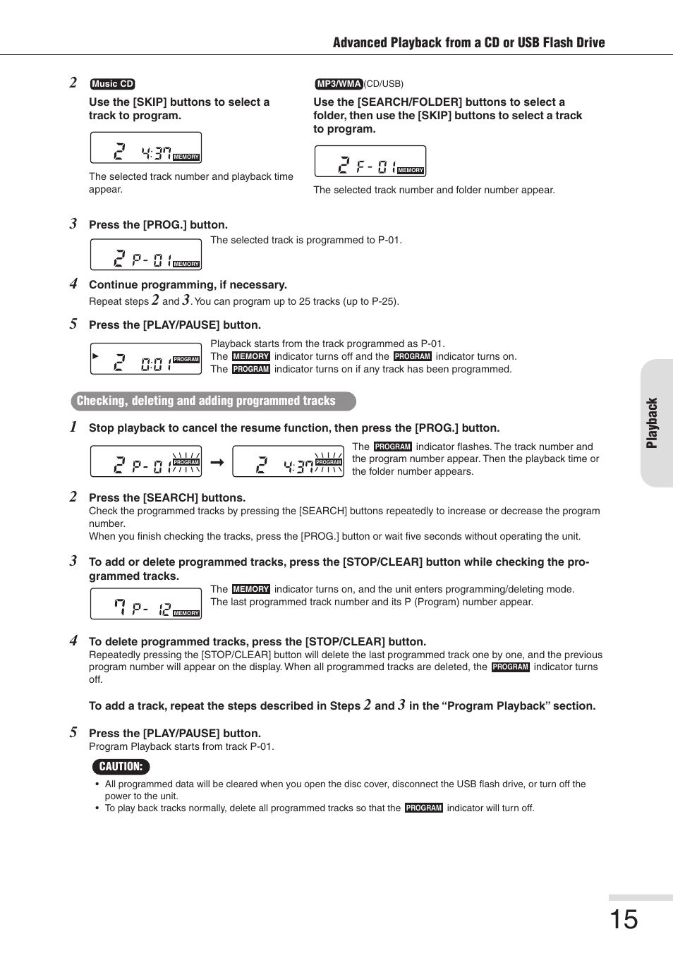 Utton [15, Ogram] indicator [15, Advanced playback from a cd or usb flash drive | Playback | Eiki 8080 User Manual | Page 15 / 32