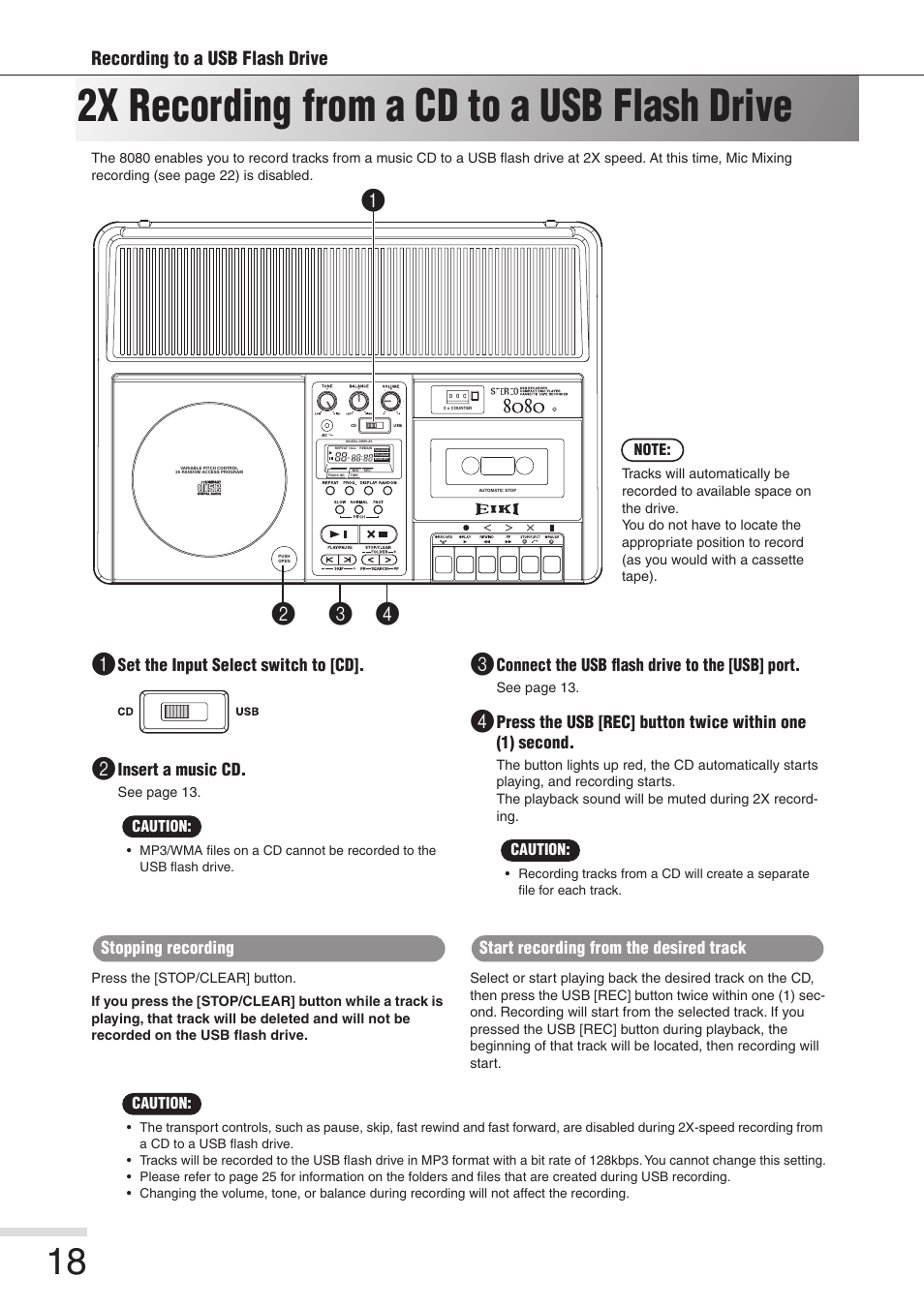2x recording from a cd to a usb flash drive, Recording to a usb flash drive | Eiki 8080 User Manual | Page 18 / 32