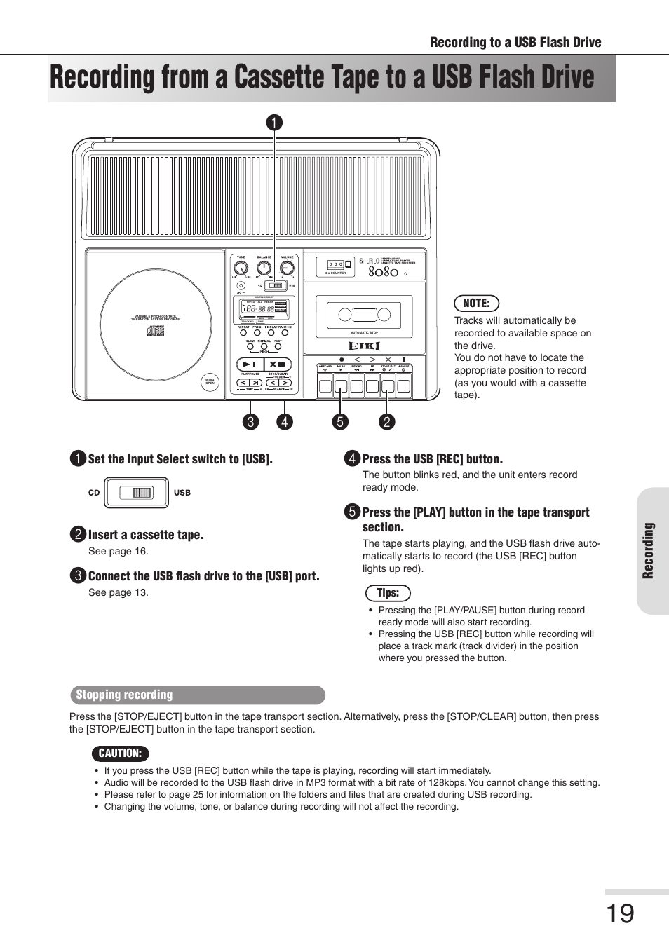 Recording to a usb flash drive, Recording | Eiki 8080 User Manual | Page 19 / 32