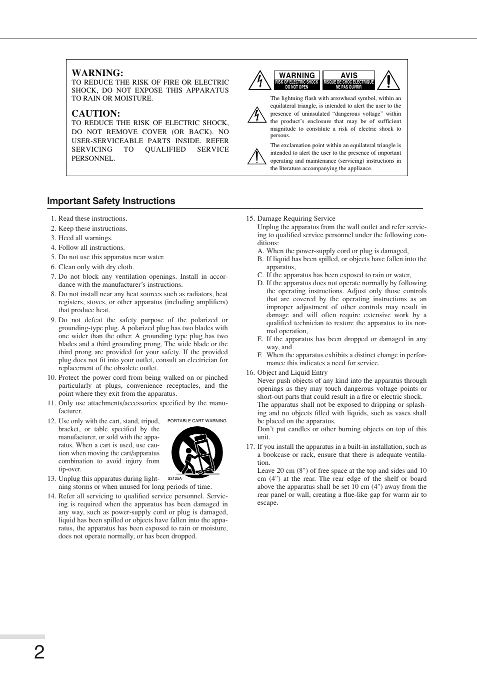 Important safety instructions, Warning, Caution | Eiki 8080 User Manual | Page 2 / 32