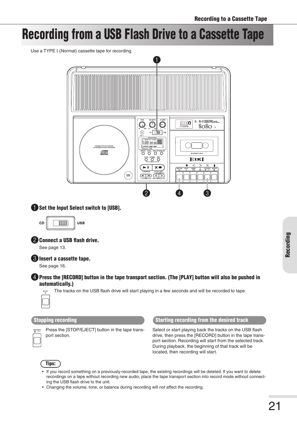 Recording to a cassette tape, Recording | Eiki 8080 User Manual | Page 21 / 32