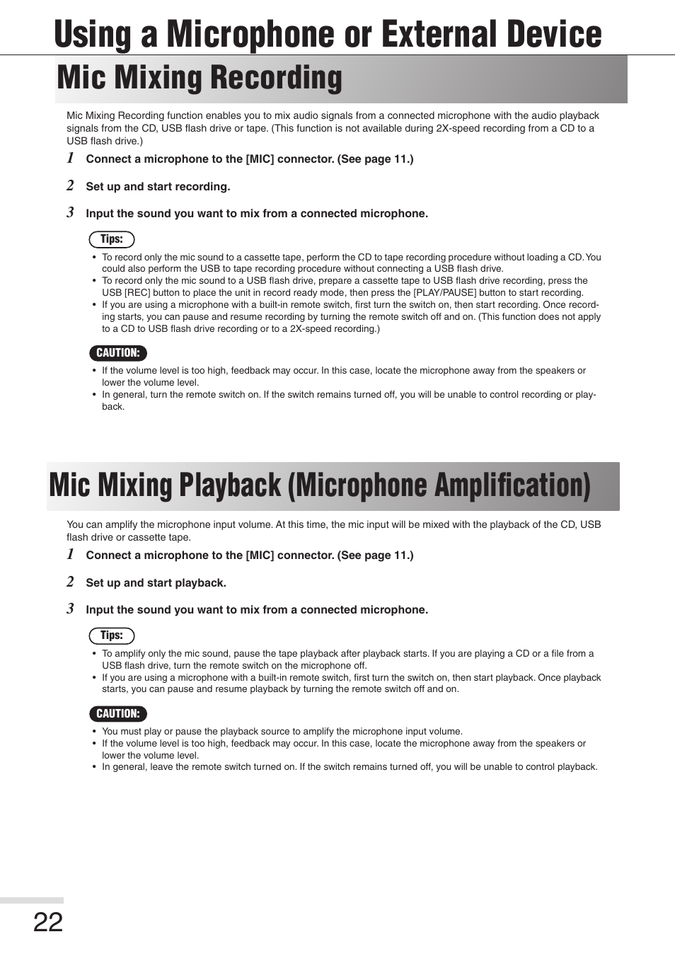 Using a microphone or external device, Mic mixing recording, Mic mixing playback (microphone amplification) | Eiki 8080 User Manual | Page 22 / 32
