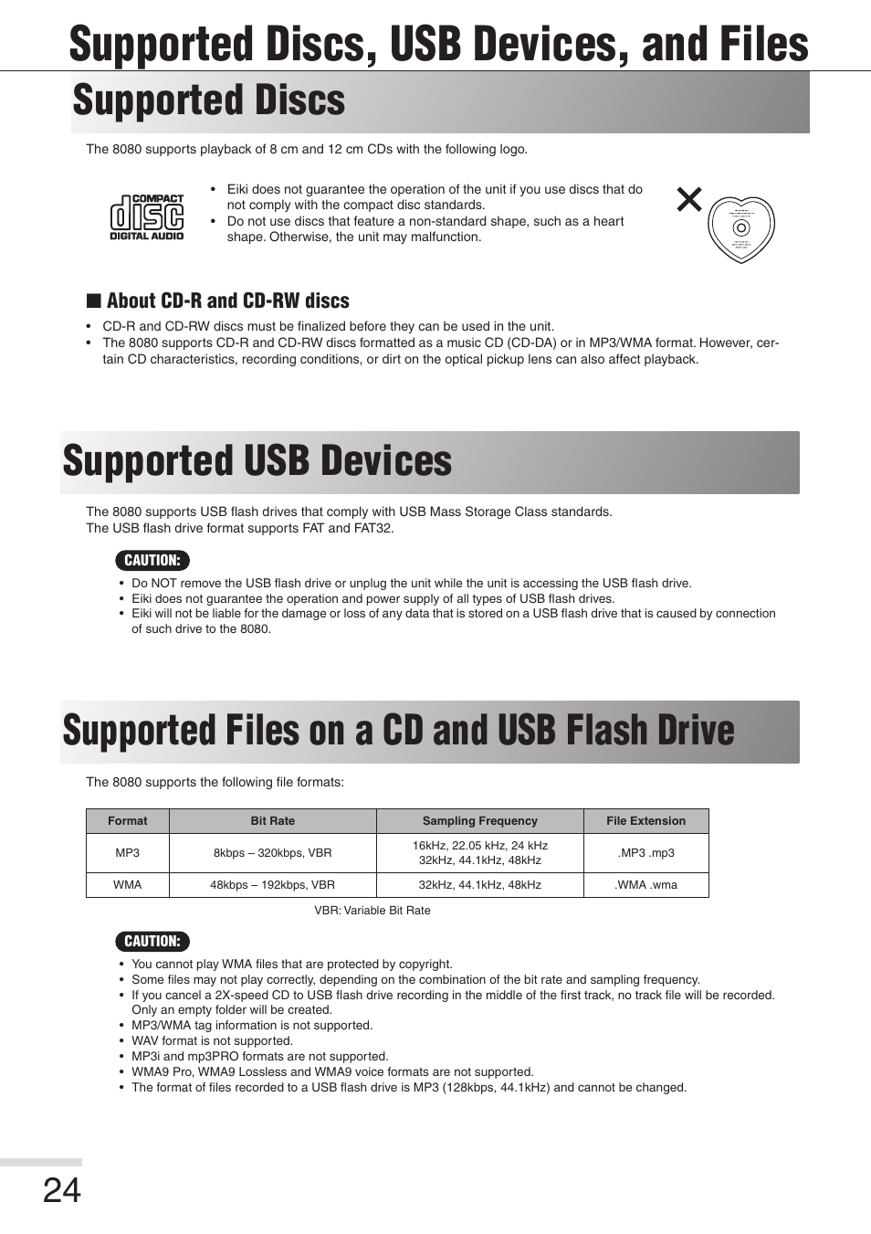 Supported discs, usb devices, and files, Supported discs, Supported usb devices | Supported files on a cd and usb flash drive, About cd-r and cd-rw discs | Eiki 8080 User Manual | Page 24 / 32