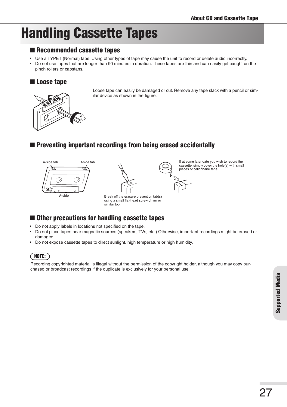 Handling cassette tapes, Recommended cassette tapes, Loose tape | Eiki 8080 User Manual | Page 27 / 32