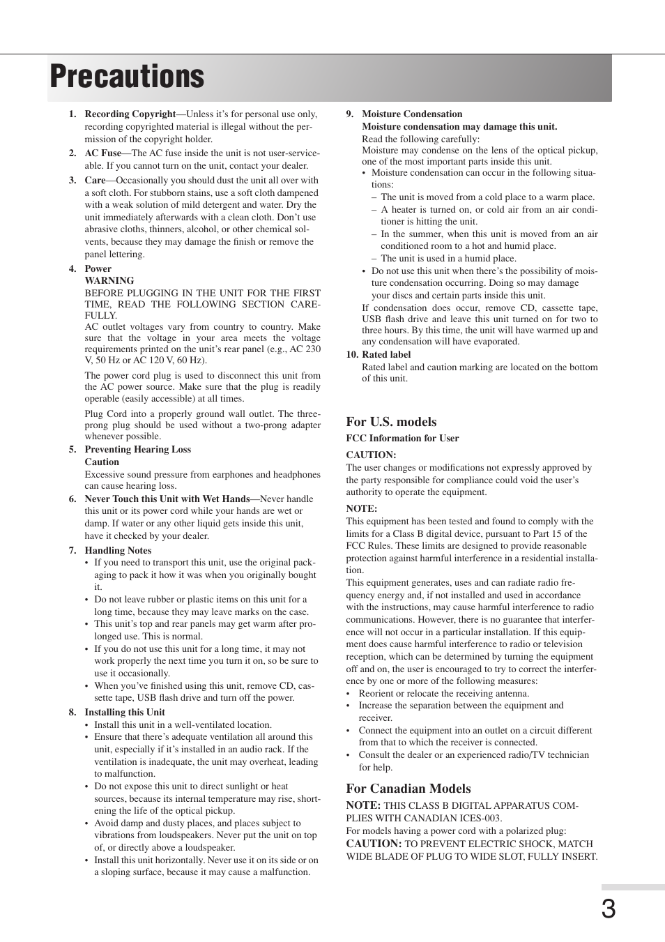Precautions, For u.s. models, For canadian models | Eiki 8080 User Manual | Page 3 / 32