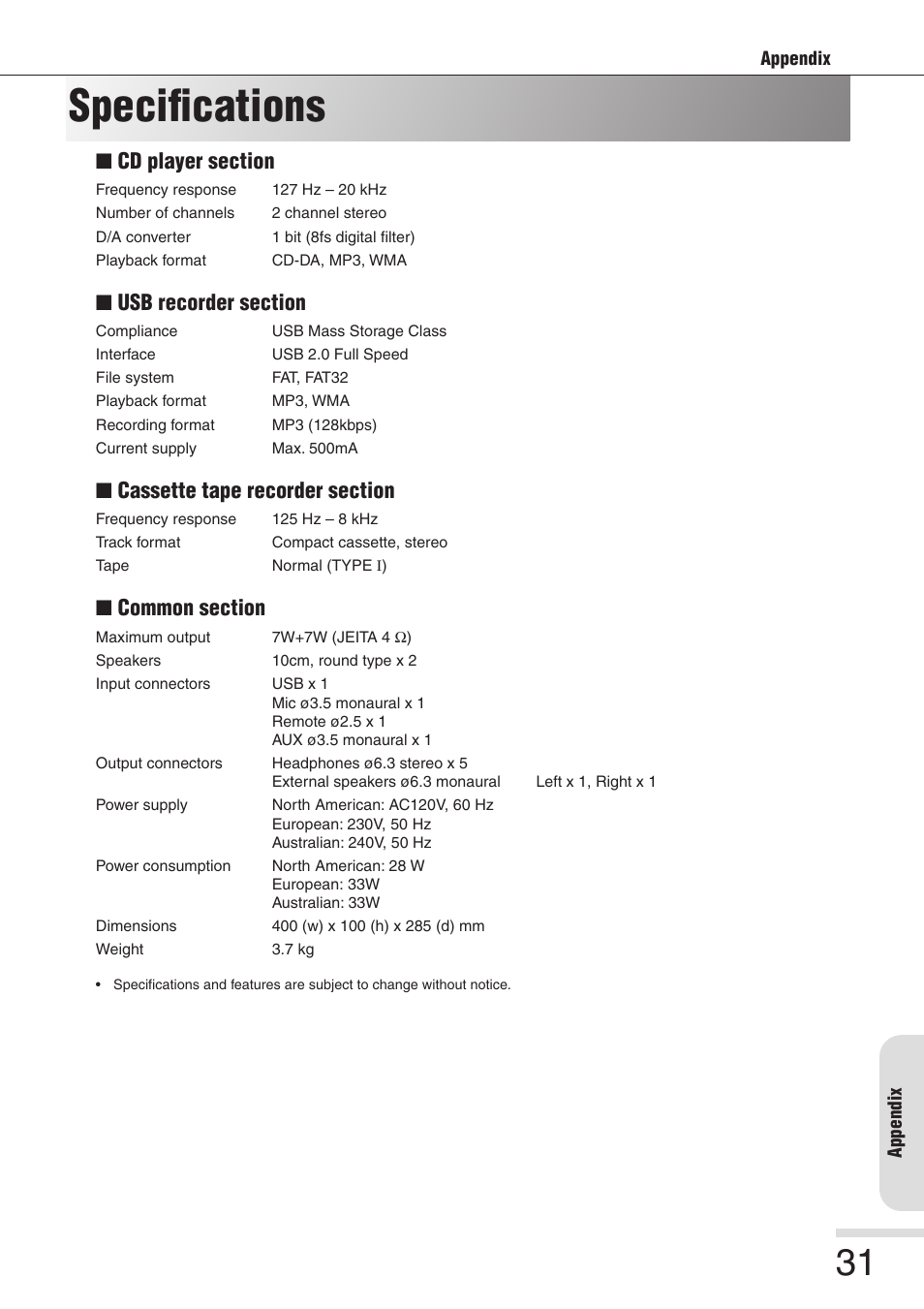 Specifications | Eiki 8080 User Manual | Page 31 / 32