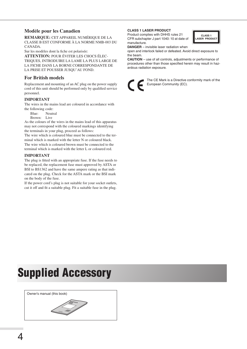Supplied accessory, Modèle pour les canadien, For british models | Eiki 8080 User Manual | Page 4 / 32