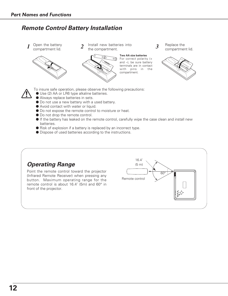 Remote control battery insta, Operating range, Remote control battery installation | Part names and functions | Eiki LC-SB22 User Manual | Page 12 / 64