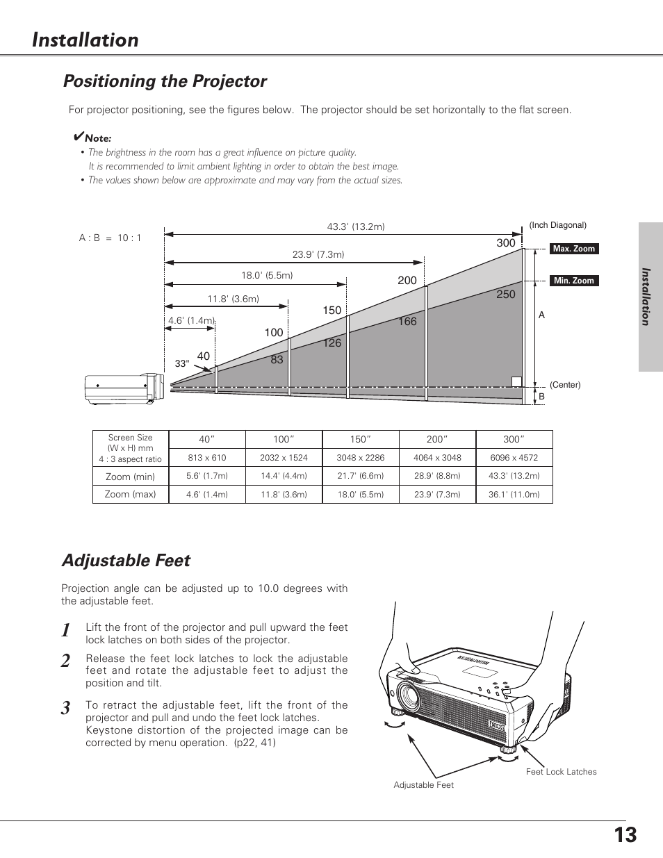 Installation, Positioning the projector, Adjustable feet | Eiki LC-SB22 User Manual | Page 13 / 64