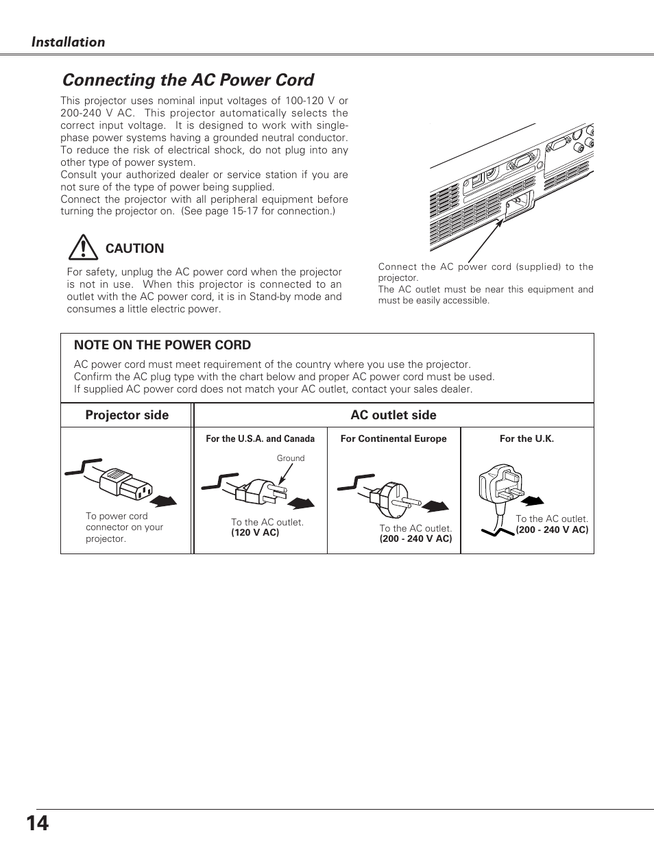 Connecting the ac power cord, Installation | Eiki LC-SB22 User Manual | Page 14 / 64