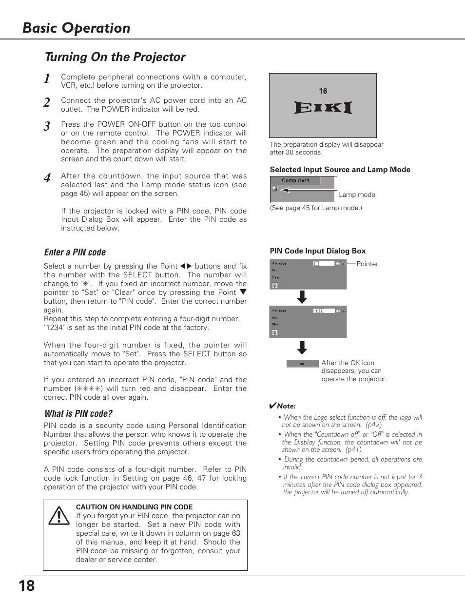 Basic operation, Turning on the projector | Eiki LC-SB22 User Manual | Page 18 / 64