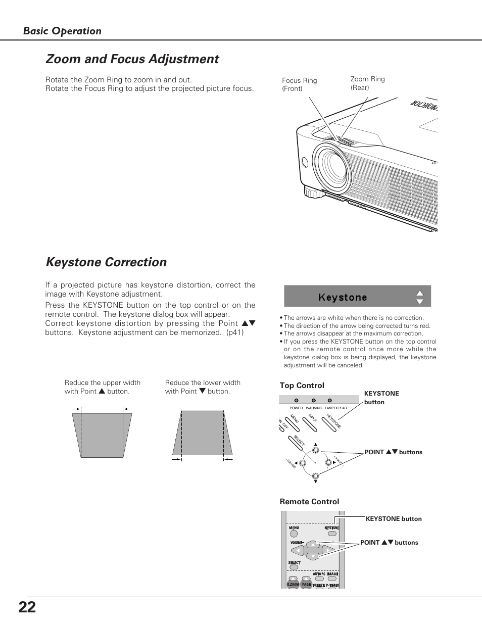 Zoom and focus adjustment, Keystone correction, Basic operation | Eiki LC-SB22 User Manual | Page 22 / 64