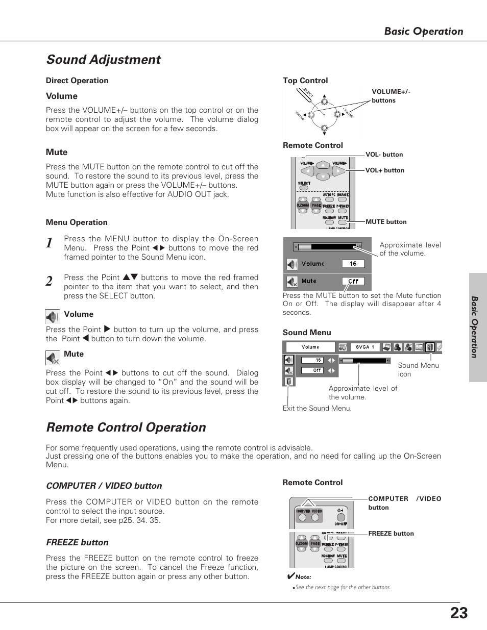 Sound adjustment, Remote control operation, Basic operation | Eiki LC-SB22 User Manual | Page 23 / 64