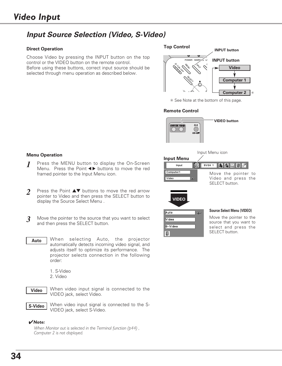 Video input, Input source selection (vide, Input source selection (video, s-video) | Eiki LC-SB22 User Manual | Page 34 / 64