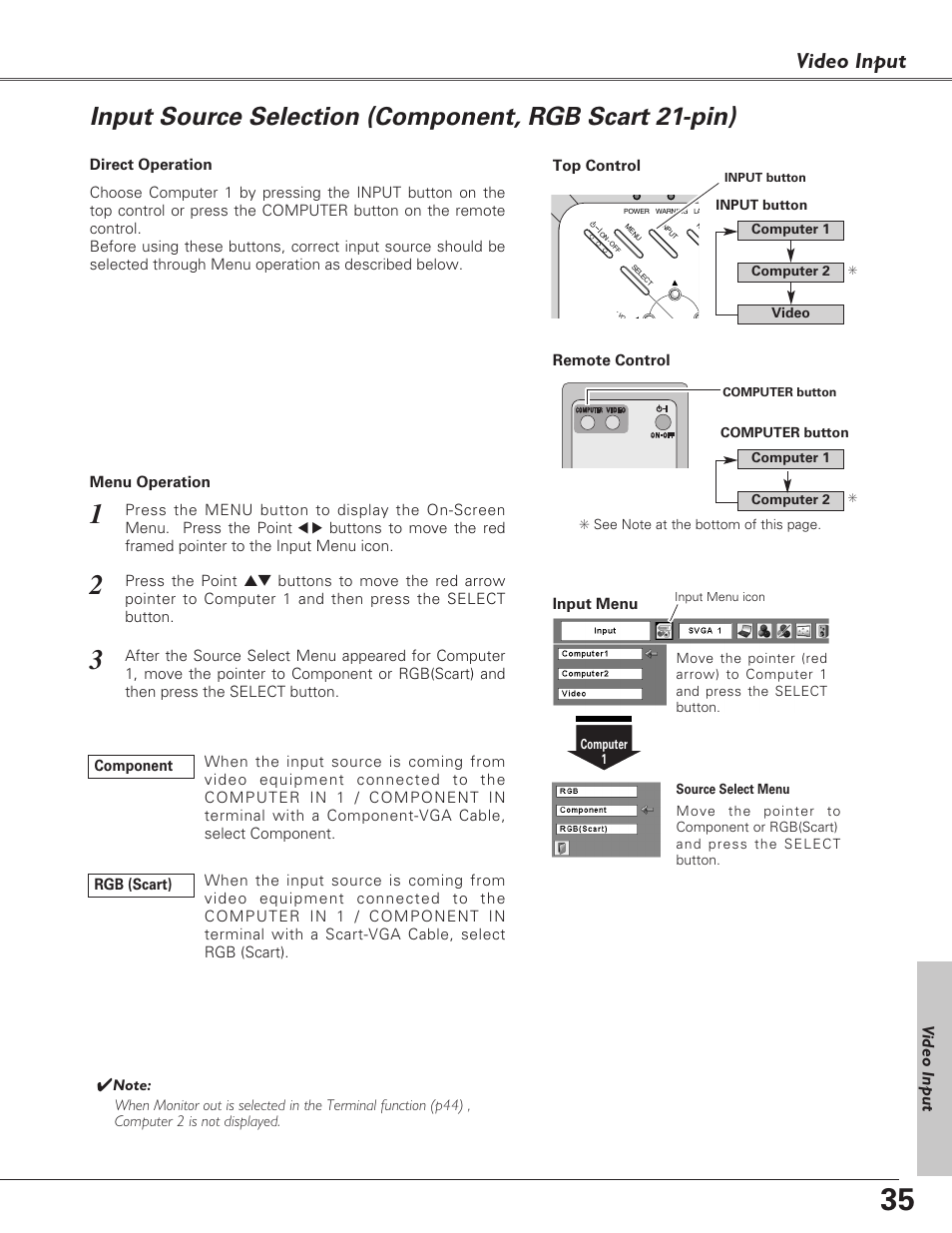 Input source selection (com, Input source selection, Video input | Eiki LC-SB22 User Manual | Page 35 / 64