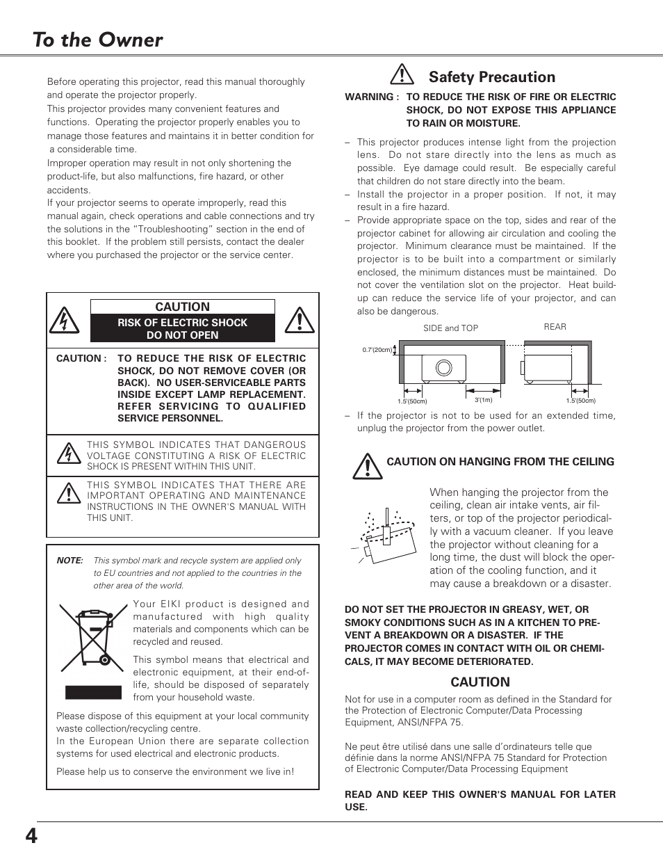 To the owner, 4to the owner, Safety precaution | Caution | Eiki LC-SB22 User Manual | Page 4 / 64