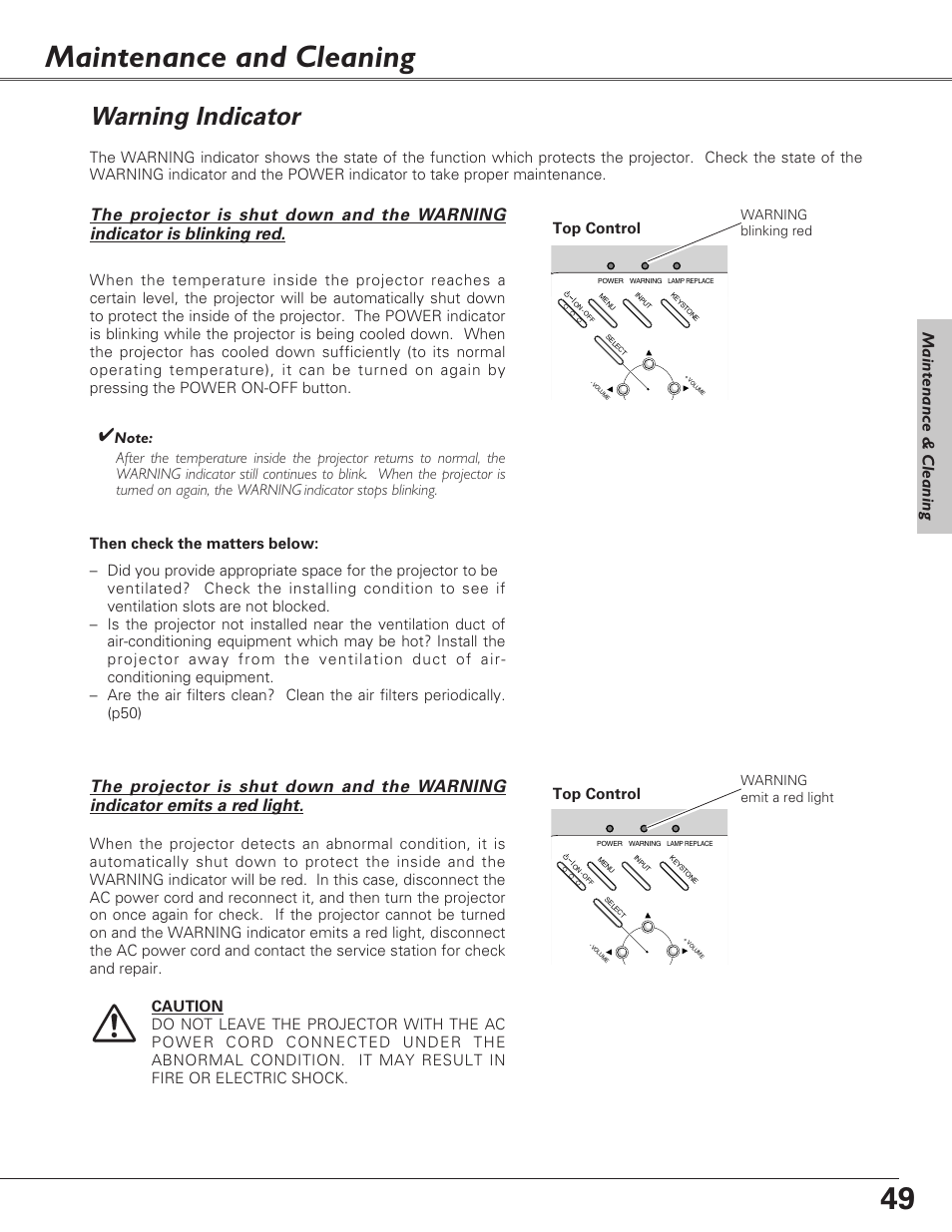 Maintenance and cleaning, Warning indicator, Maintenance & cleaning | Top control | Eiki LC-SB22 User Manual | Page 49 / 64