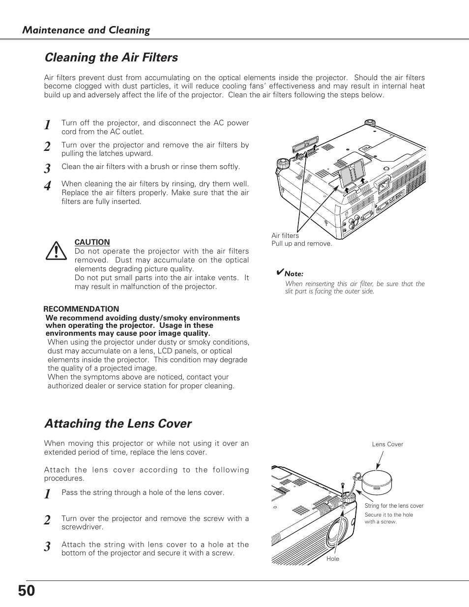 Cleaning the air filters, Attaching the lens cover, Attaching the lens cover cleaning the air filters | Eiki LC-SB22 User Manual | Page 50 / 64