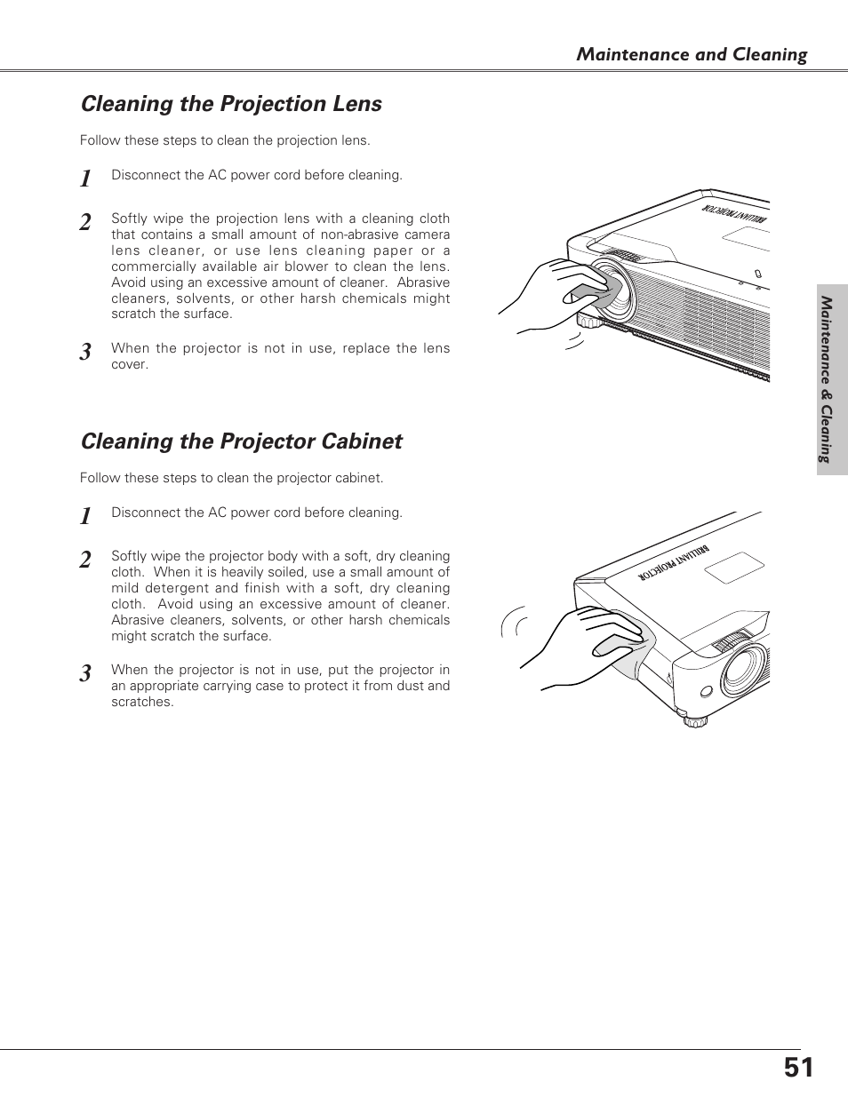 Cleaning the projection lens, Cleaning the projector cabinet | Eiki LC-SB22 User Manual | Page 51 / 64