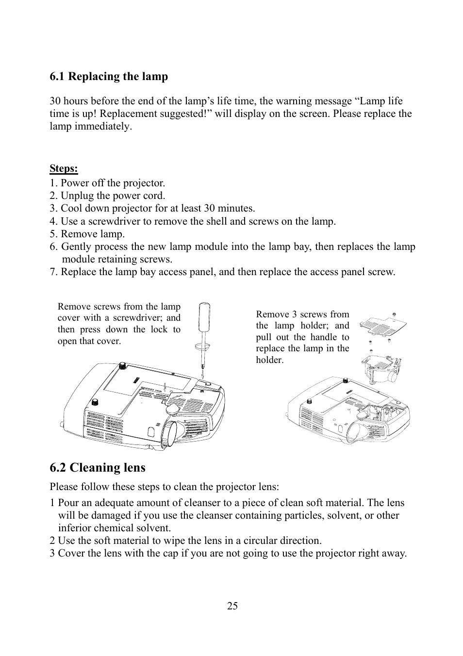 Maintenance, Replacing the lamp, Cleaning lens | Eiki EIP-1 User Manual | Page 26 / 31