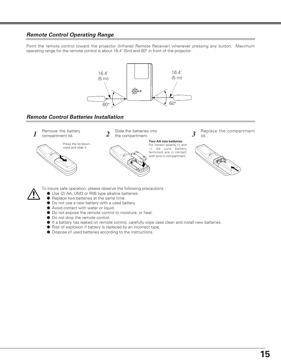 Remote control operating range, Remote control batteries installation, Part names and functions | Eiki LC-SE10 User Manual | Page 15 / 60
