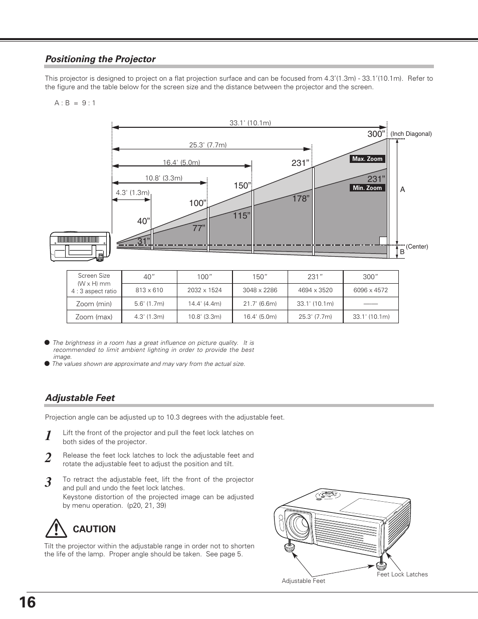 Installation, Positioning the projector, Adjustable feet | 16 installation | Eiki LC-SE10 User Manual | Page 16 / 60