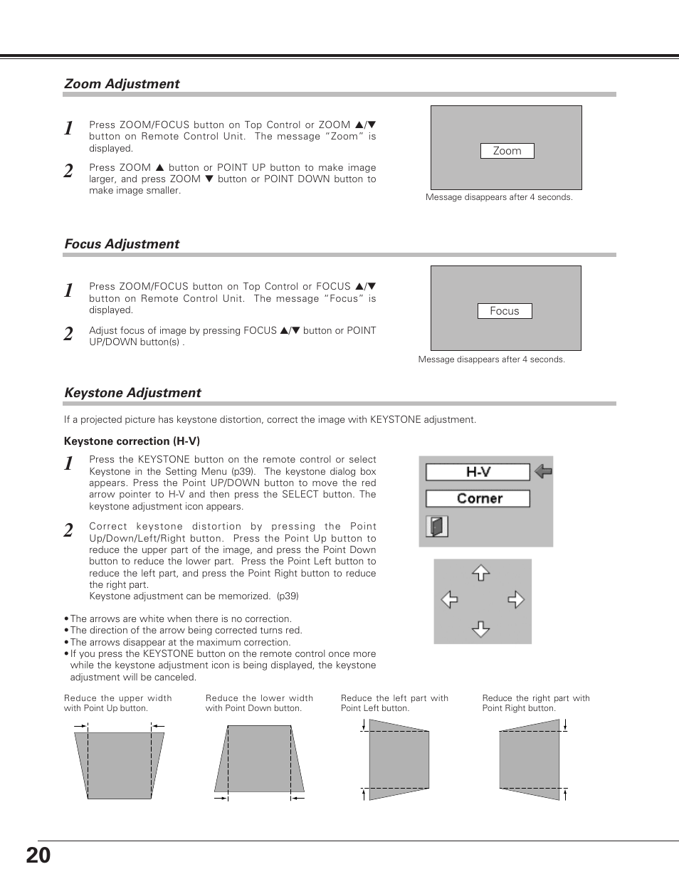 Zoom adjustment, Focus adjustment, Keystone adjustment | Basic operation | Eiki LC-SE10 User Manual | Page 20 / 60