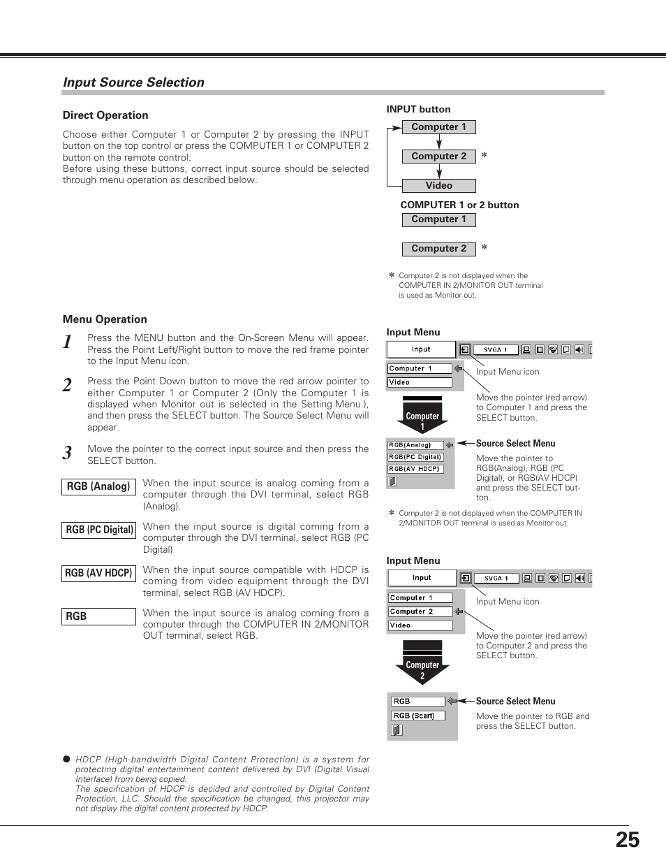 Computer input, Input source selection | Eiki LC-SE10 User Manual | Page 25 / 60