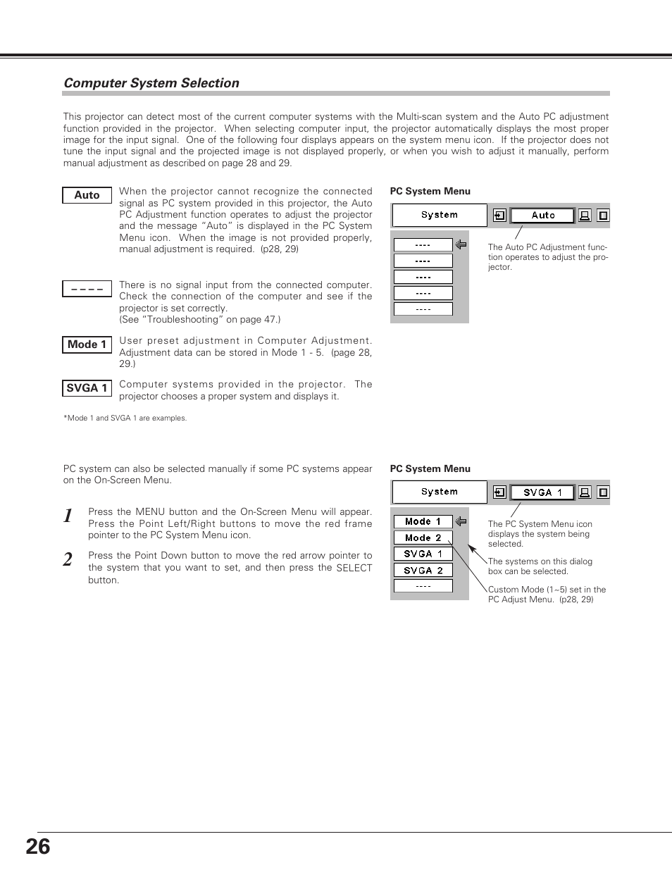 Computer system selection, Computer input | Eiki LC-SE10 User Manual | Page 26 / 60