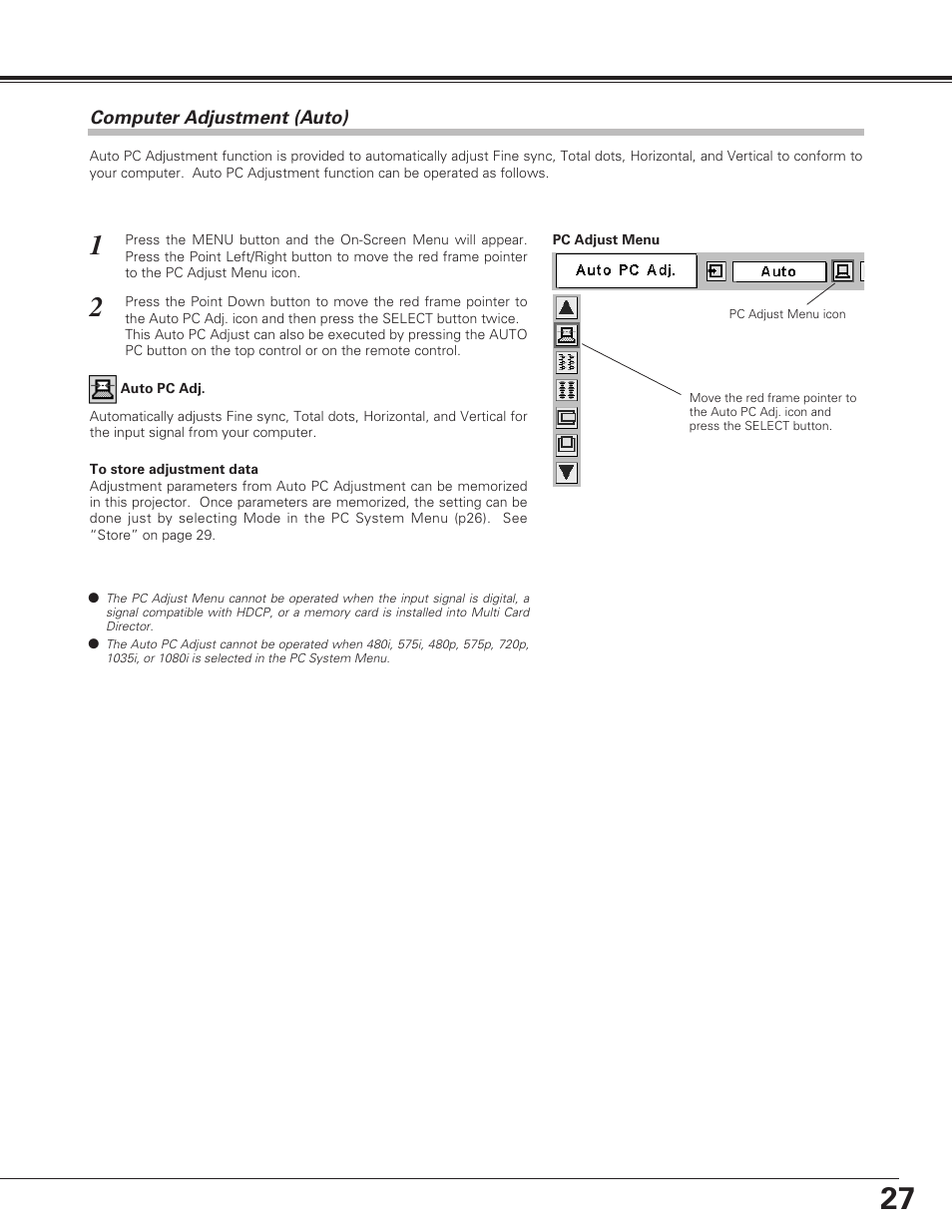 Computer adjustment (auto), Computer input | Eiki LC-SE10 User Manual | Page 27 / 60