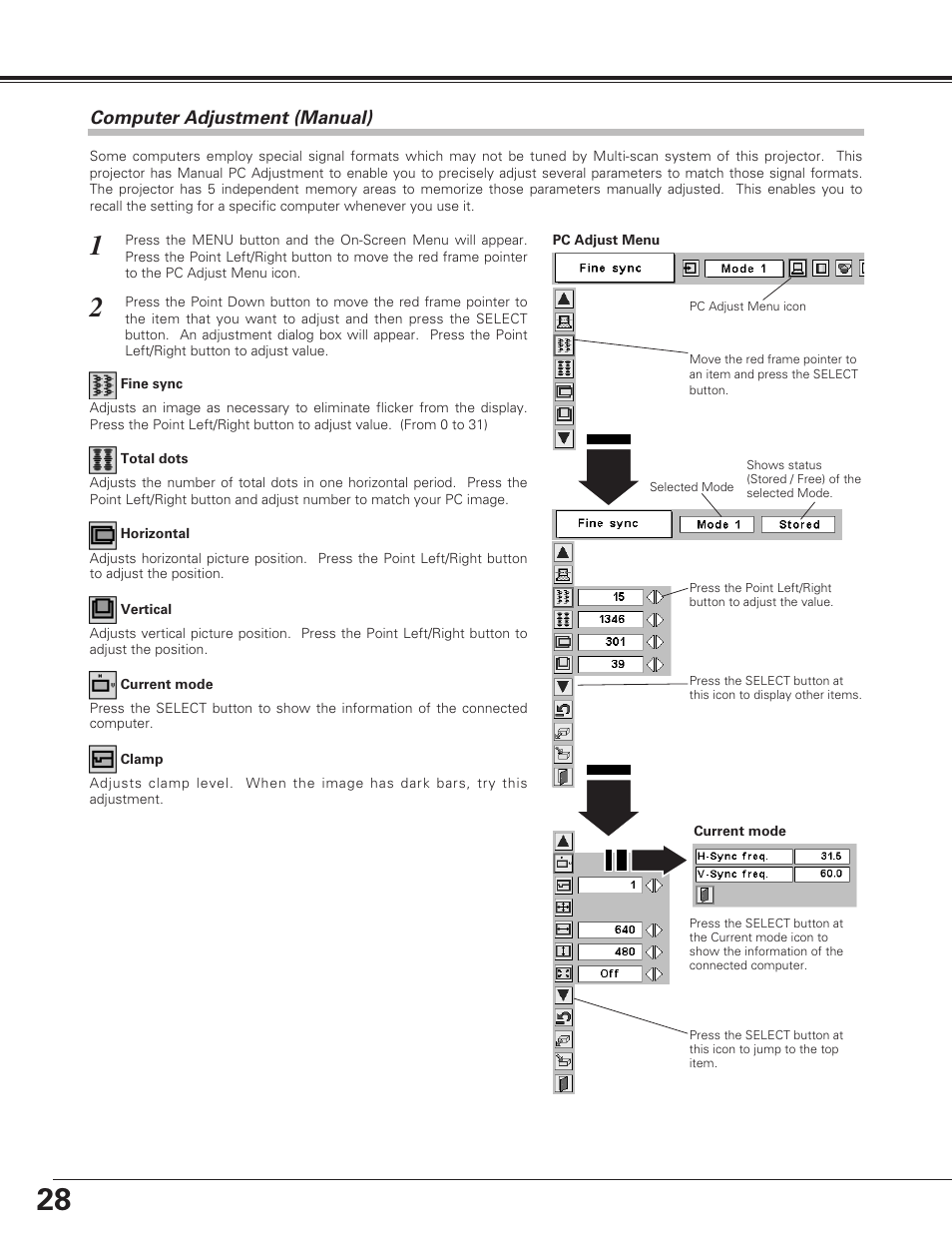 Computer adjustment (manual), Computer input | Eiki LC-SE10 User Manual | Page 28 / 60