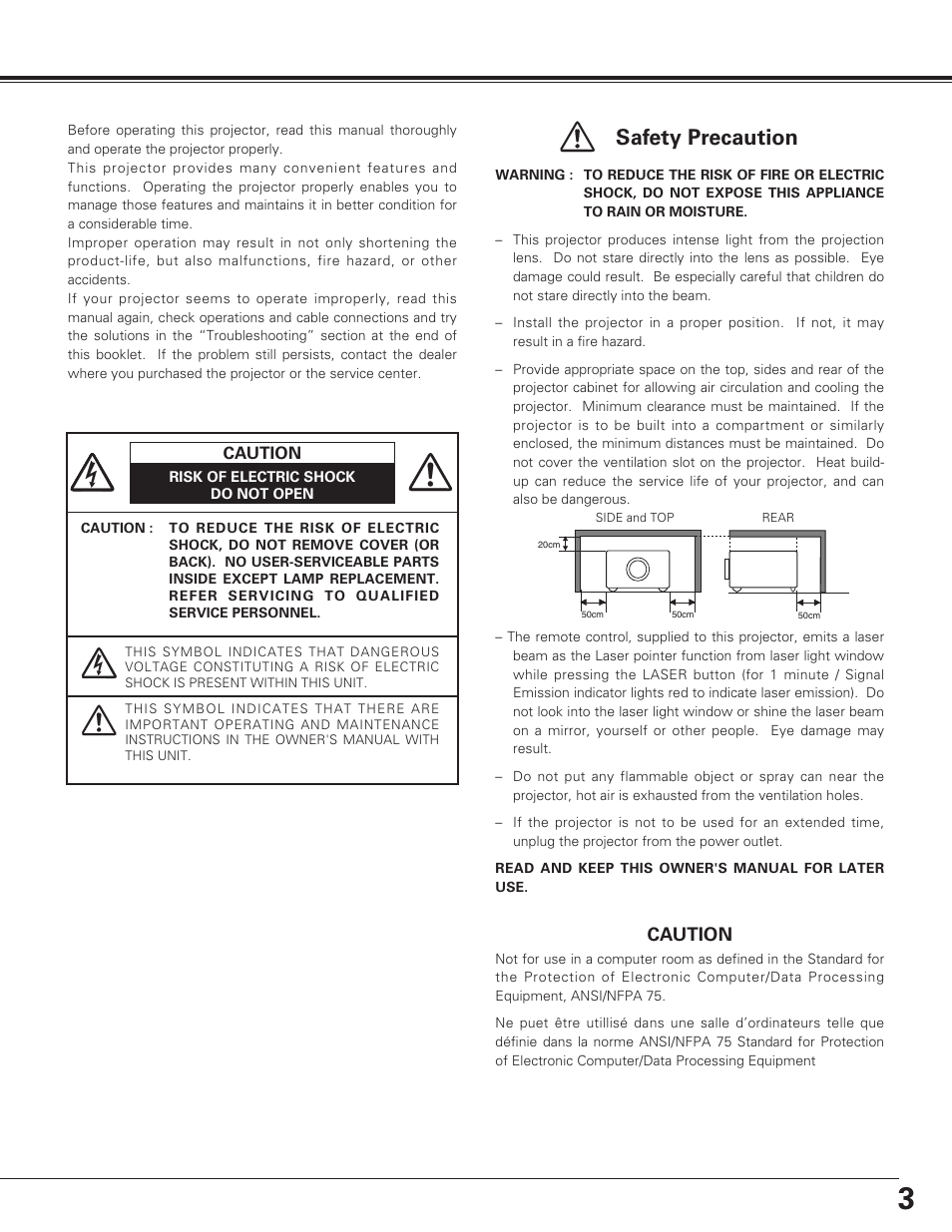 To the owner, 3to the owner, Safety precaution | Eiki LC-SE10 User Manual | Page 3 / 60
