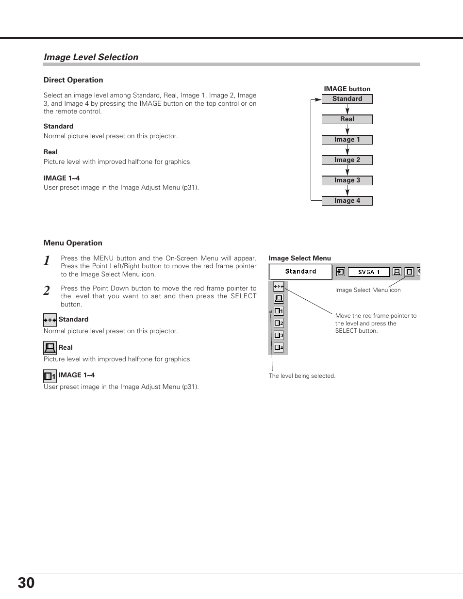 Image level selection, Computer input | Eiki LC-SE10 User Manual | Page 30 / 60