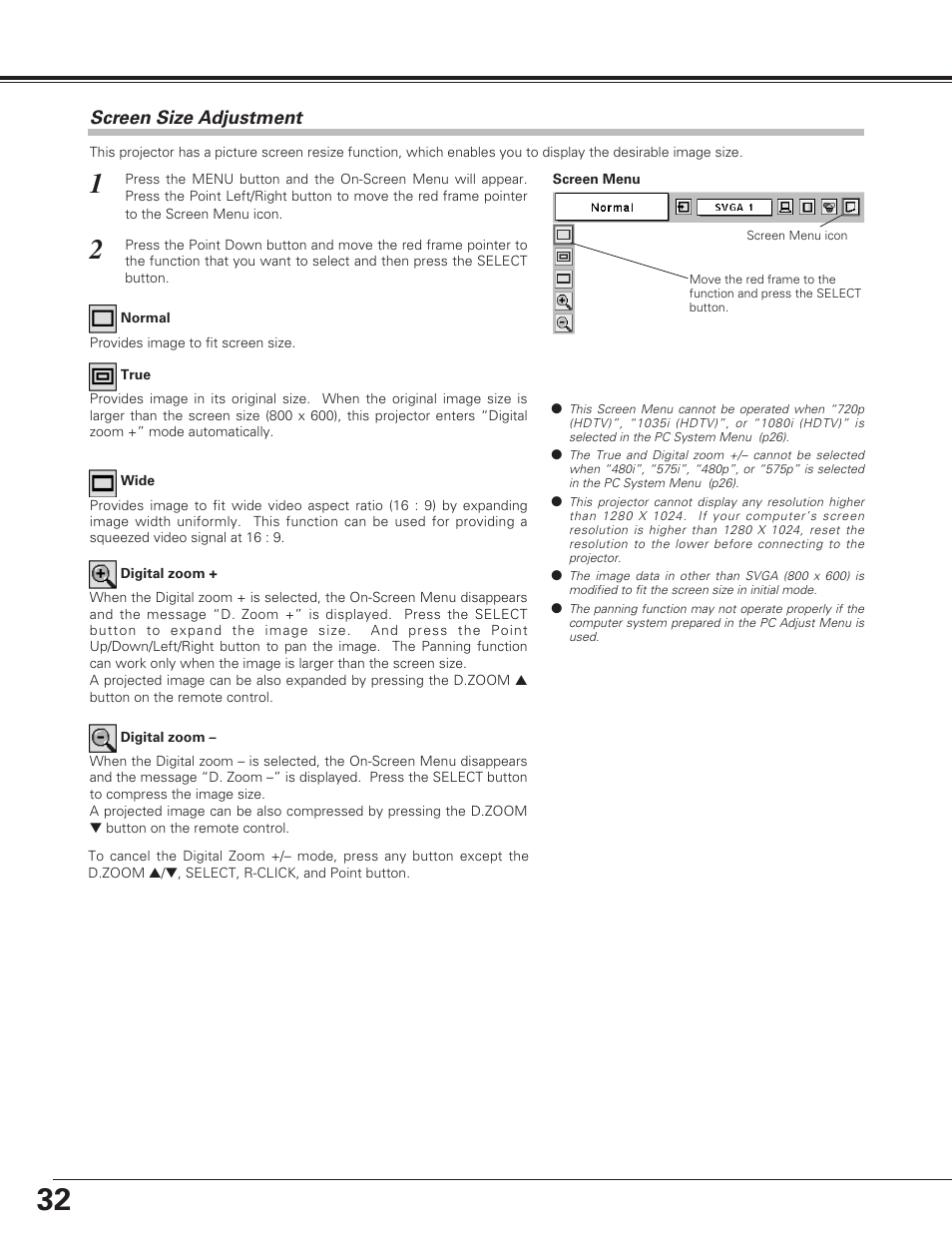 Screen size adjustment, Computer input | Eiki LC-SE10 User Manual | Page 32 / 60