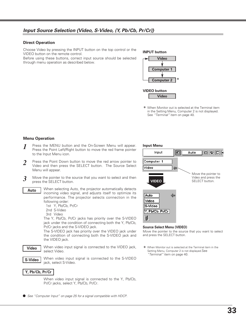 Video input, 33 video input | Eiki LC-SE10 User Manual | Page 33 / 60
