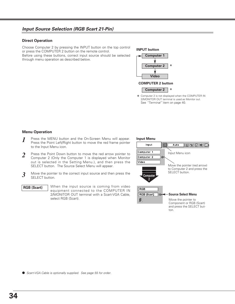 Input source selection (rgb scart 21-pin), Video input | Eiki LC-SE10 User Manual | Page 34 / 60