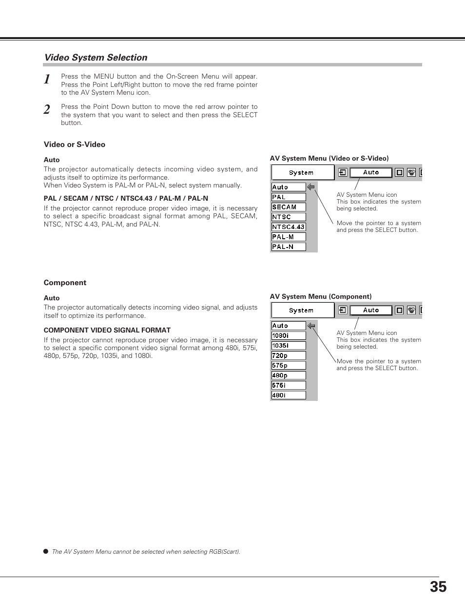 Video system selection, Video input | Eiki LC-SE10 User Manual | Page 35 / 60