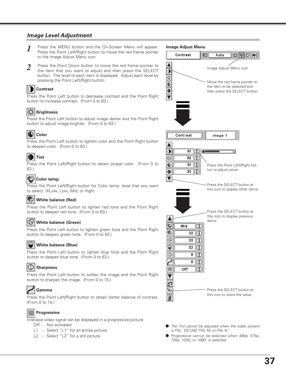 Image level adjustment, Video input | Eiki LC-SE10 User Manual | Page 37 / 60