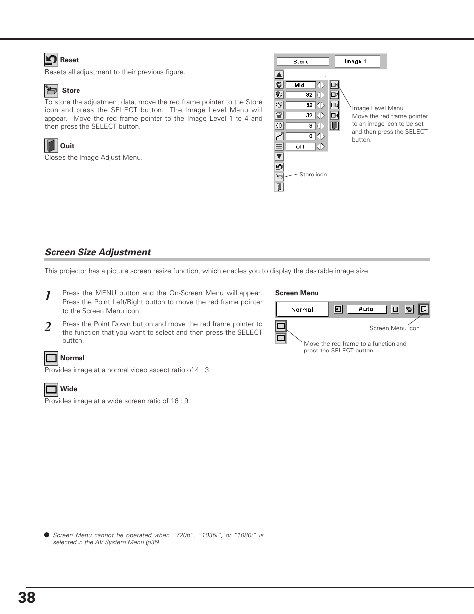 Screen size adjustment, Video input | Eiki LC-SE10 User Manual | Page 38 / 60