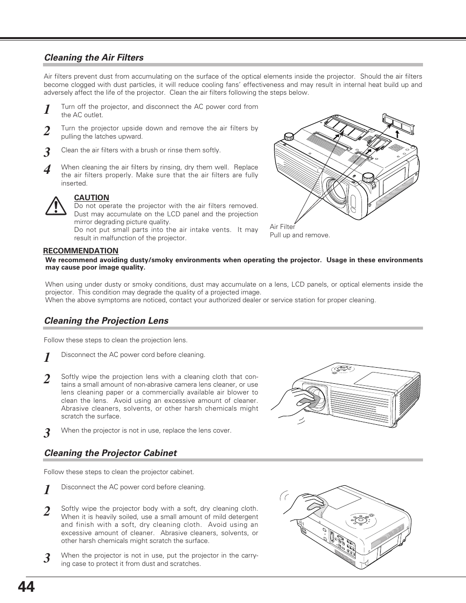 Cleaning the air filters, Cleaning the projection lens, Cleaning the projector cabinet | Eiki LC-SE10 User Manual | Page 44 / 60
