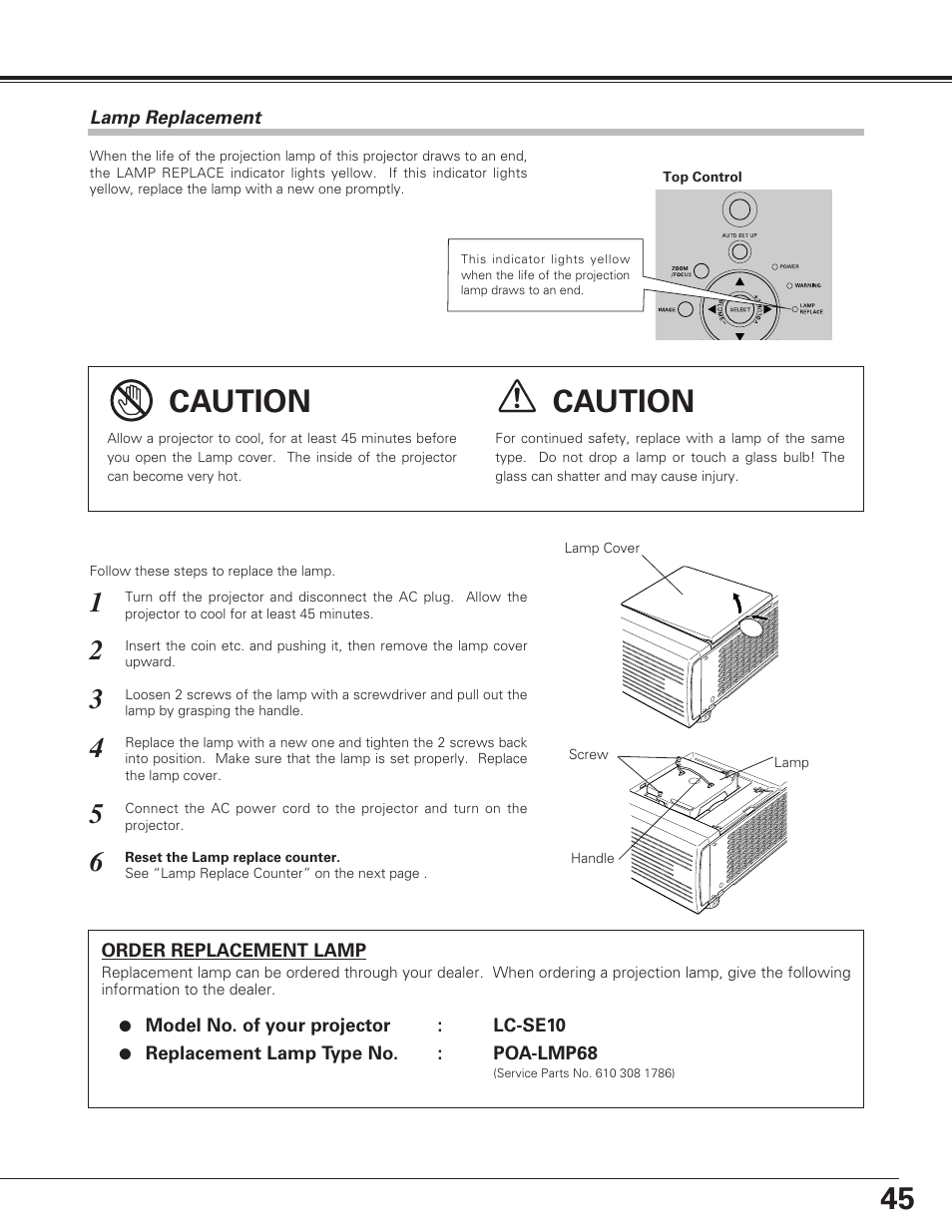 Lamp replacement, Caution | Eiki LC-SE10 User Manual | Page 45 / 60