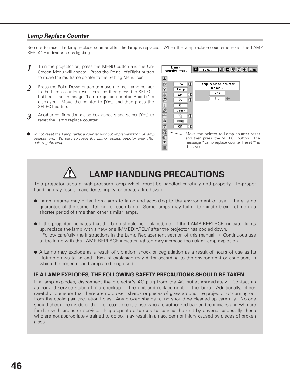 Lamp replace counter, Lamp handling precautions, Maintenance and cleaning | Eiki LC-SE10 User Manual | Page 46 / 60
