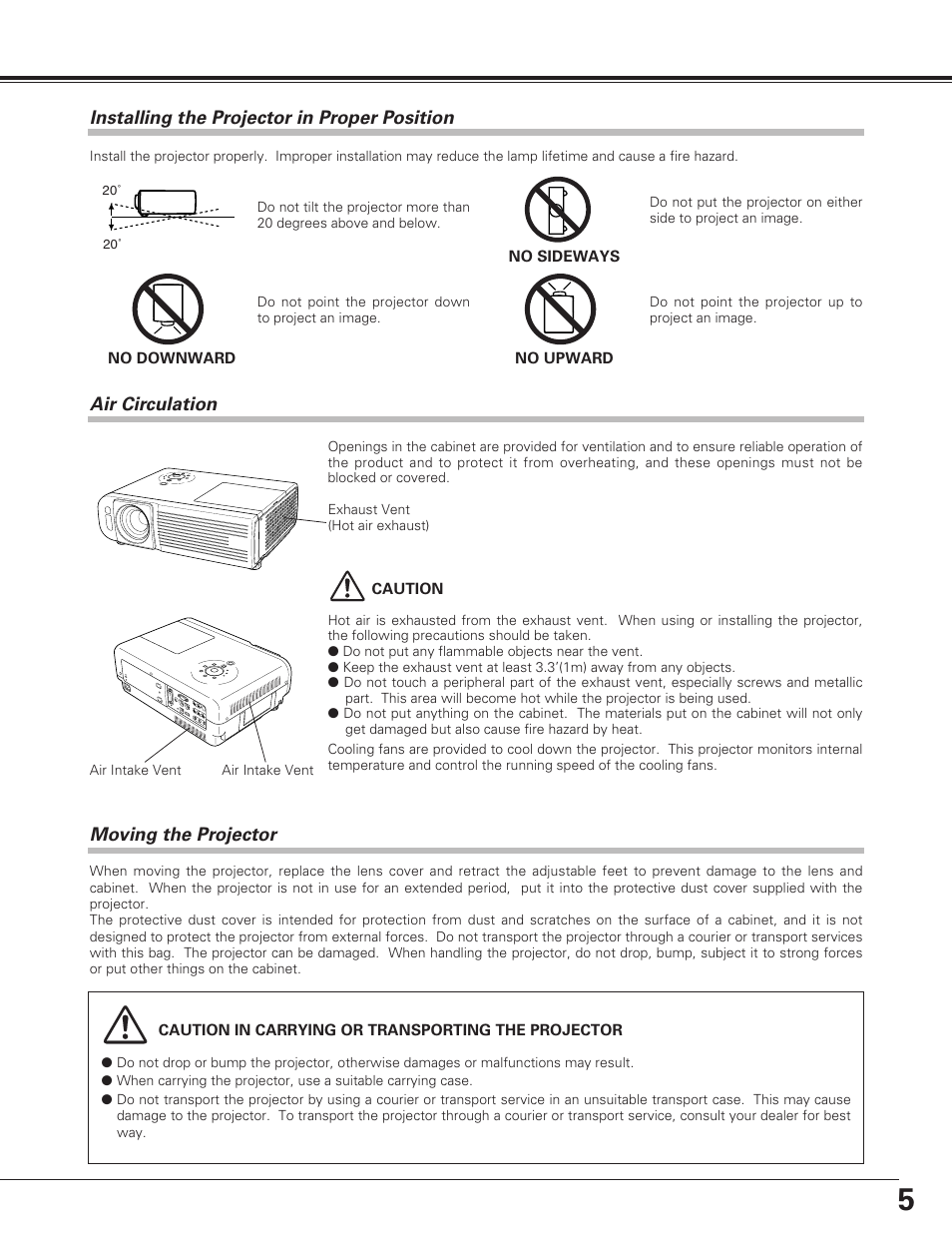 Installing the projector in proper position, Air circulation, Moving the projector | Safety instructions | Eiki LC-SE10 User Manual | Page 5 / 60